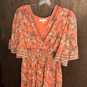 Orange floral pattern flutter sleeve maxi dress